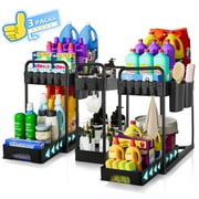 RELOIVE 3 Pack Under Sink Organizer and Storage, 2 Tier Sliding Cabinet Basket Organizer with 12 Hooks and 4 Hanging Cups,6 Handles,4 Partitions for Kitchen, Bathroom