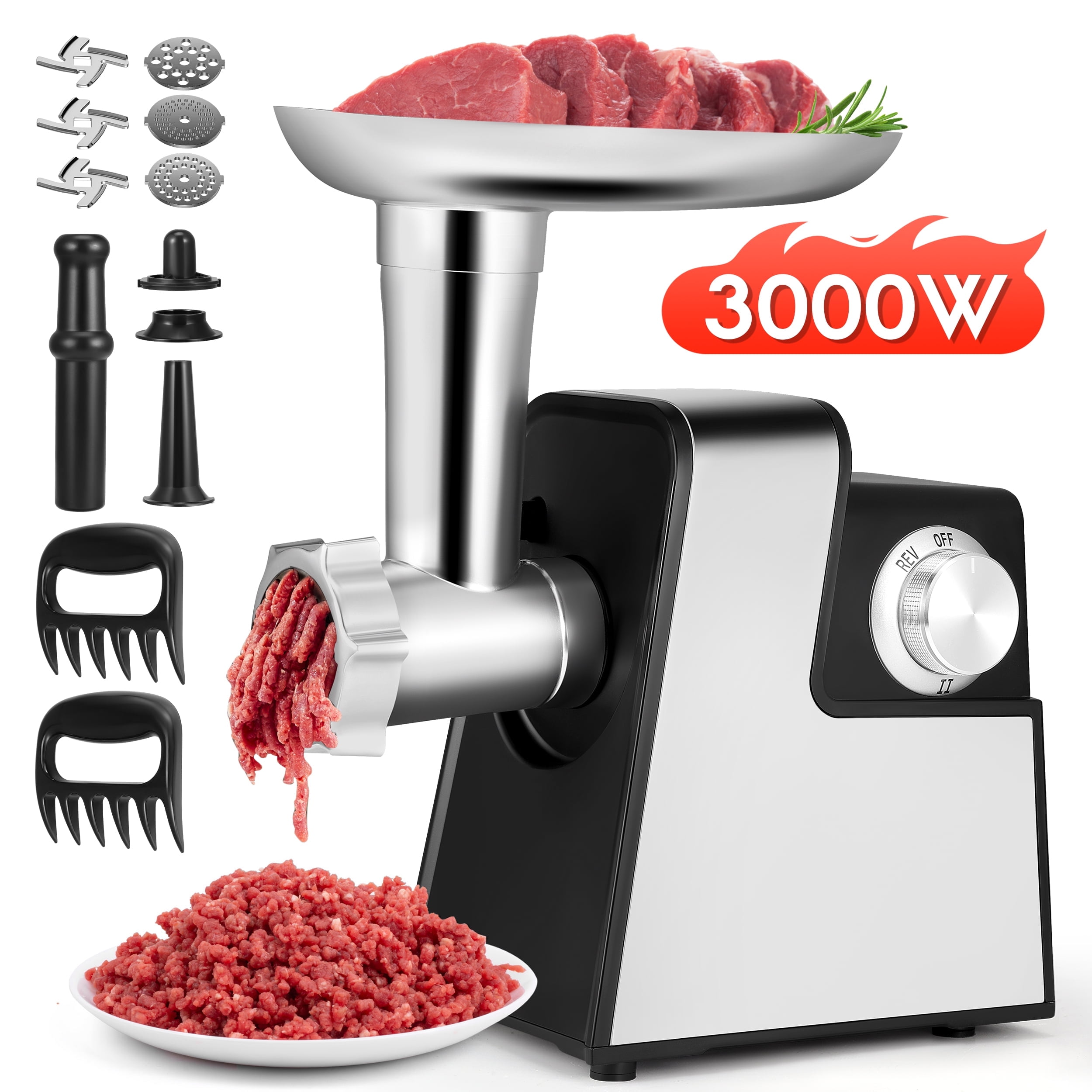 RELOIVE 3000W Electric Meat Grinder, 2-Speed Commercial/Home Use with Sausage & Kubbe Kit, Heavy-Duty, Black