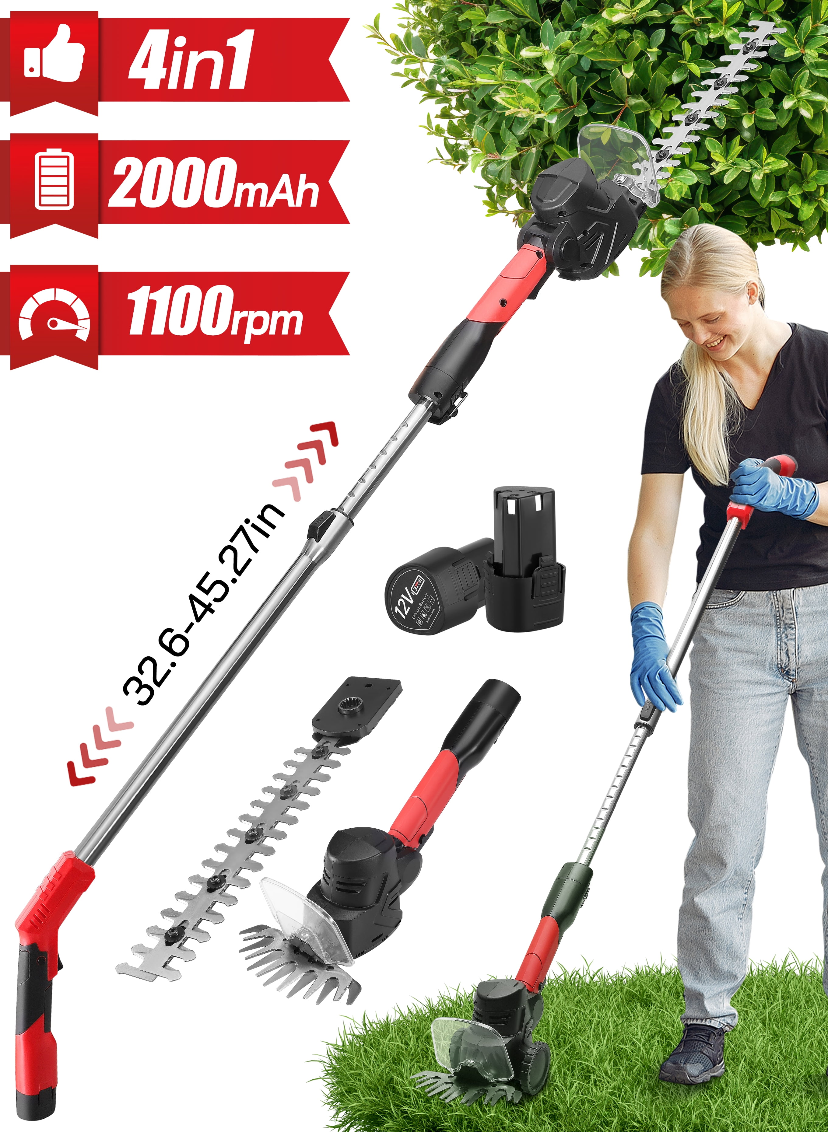 RELOIVE 4 in 1 Telescopic Trimmer Hedge Grass Shear Shrub Lawn 2.0 Ah Battery 12V Red Walmart