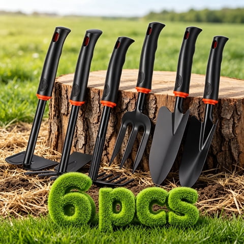 Doulami Garden Tool Set, 6 Piece Heavy Duty Carbon Steel Gardening Hand Tools, Outdoor Hand Tools with 2-in-1 Hoe & Rake, 5-Tine Rake, Trowel, Cultivator, Fork,Ideal Garden Tool Kit Gifts