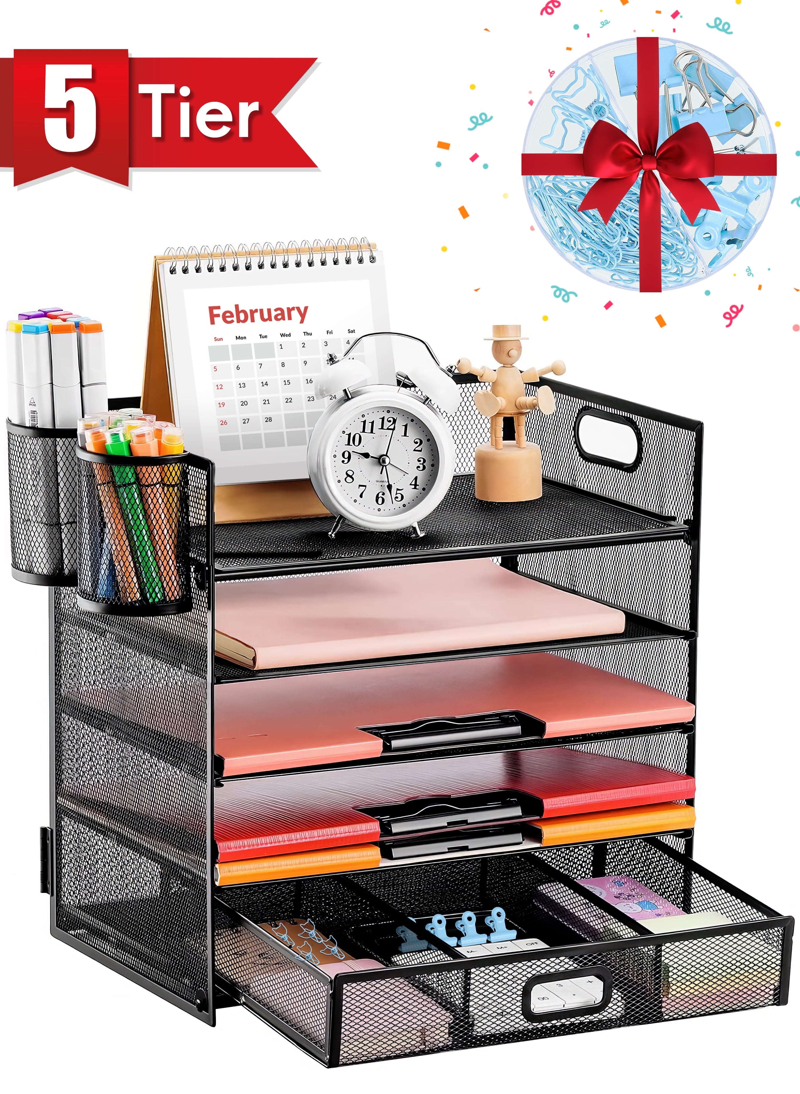 RELOIVE 5 Tier Desk Organizer with File Holder,Complimentary box of Paper Clips and Binder Clips,Desktop File Organization,Paper Letter Tray Organizer with Drawer 2 Pen Holders for Office Supplies