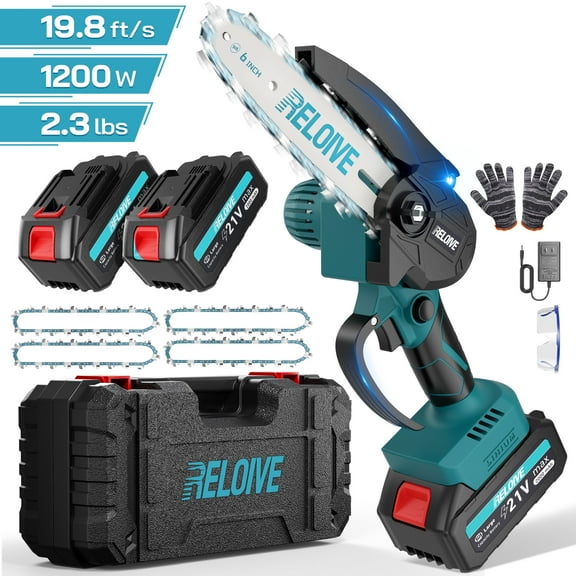 RELOIVE 6" Mini Chainsaw, Cordless Chain Saw with 2PCS 21V 2000mAh Batteries&4 Chains,Electric Chainsaw Small Handheld Power Chain Saw for Wood Cutting Tree Trimming Pruning