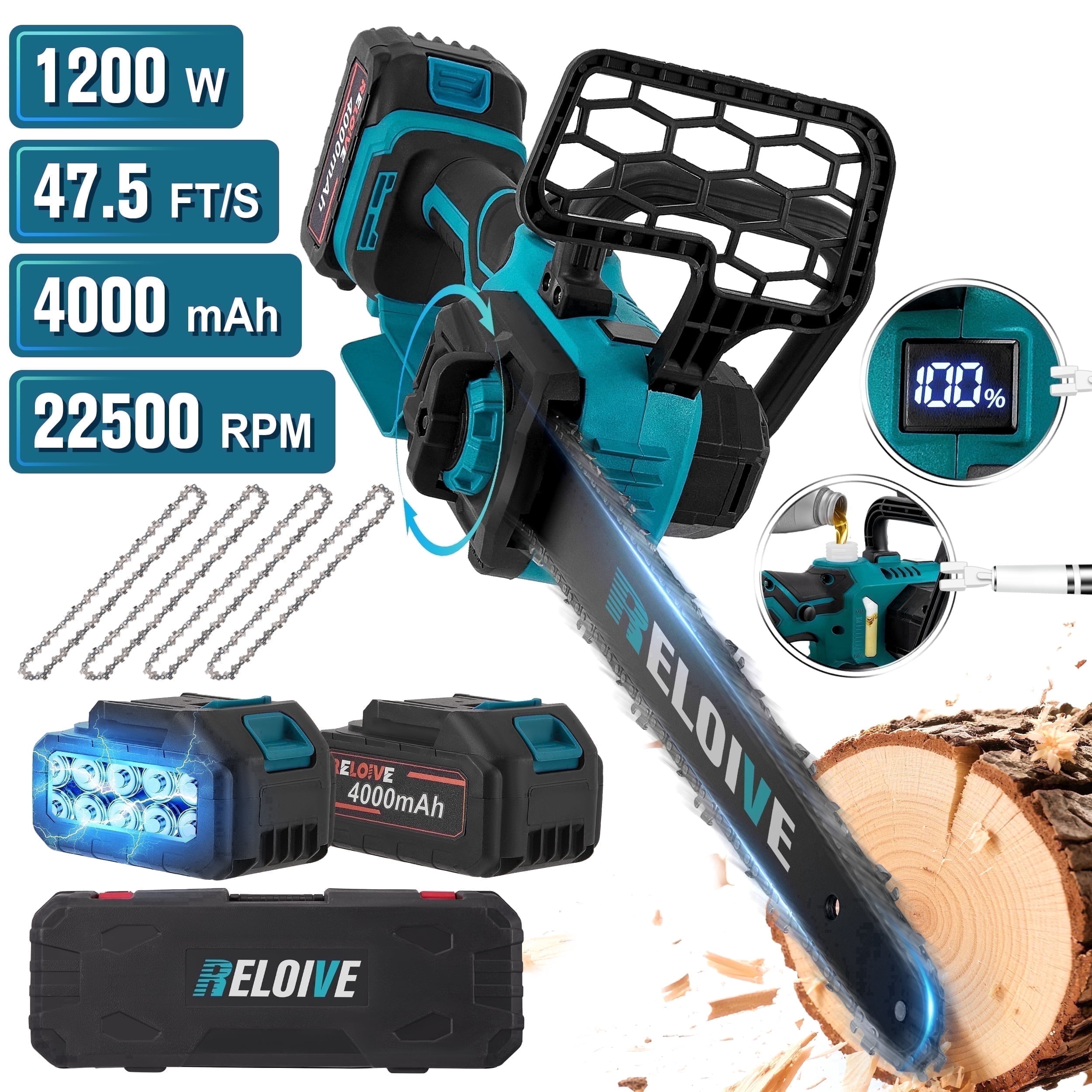 RELOIVE 12" Chainsaw, Cordless battery Chainsaw with 2x 4.0Ah Batteries , Electric Chainsaw with 1200W Brushless Motor, Automatic Lubrication, Power Chain Saw for Wood Cutting Tree Trimming-Blue