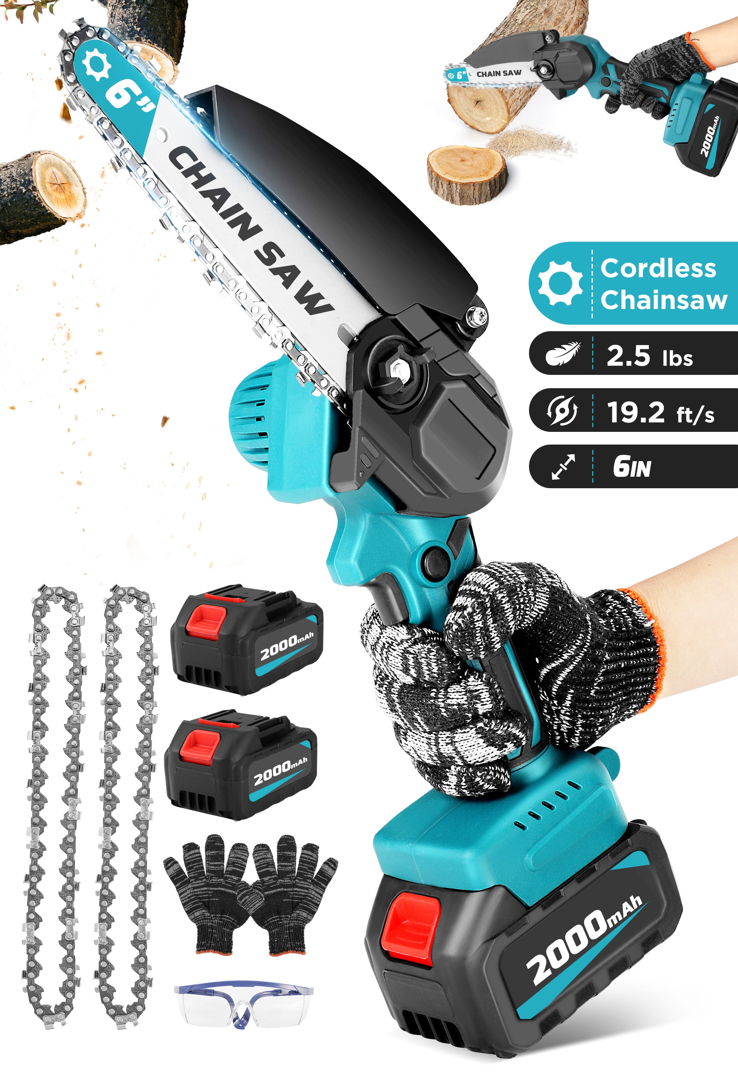 RELOIVE 6 in Mini Chainsaw with 2PCS 2.0 Ah Batteries 3 Chains,Cordless Small Handheld Chain Saw for Wood Cutting Tree Trimming