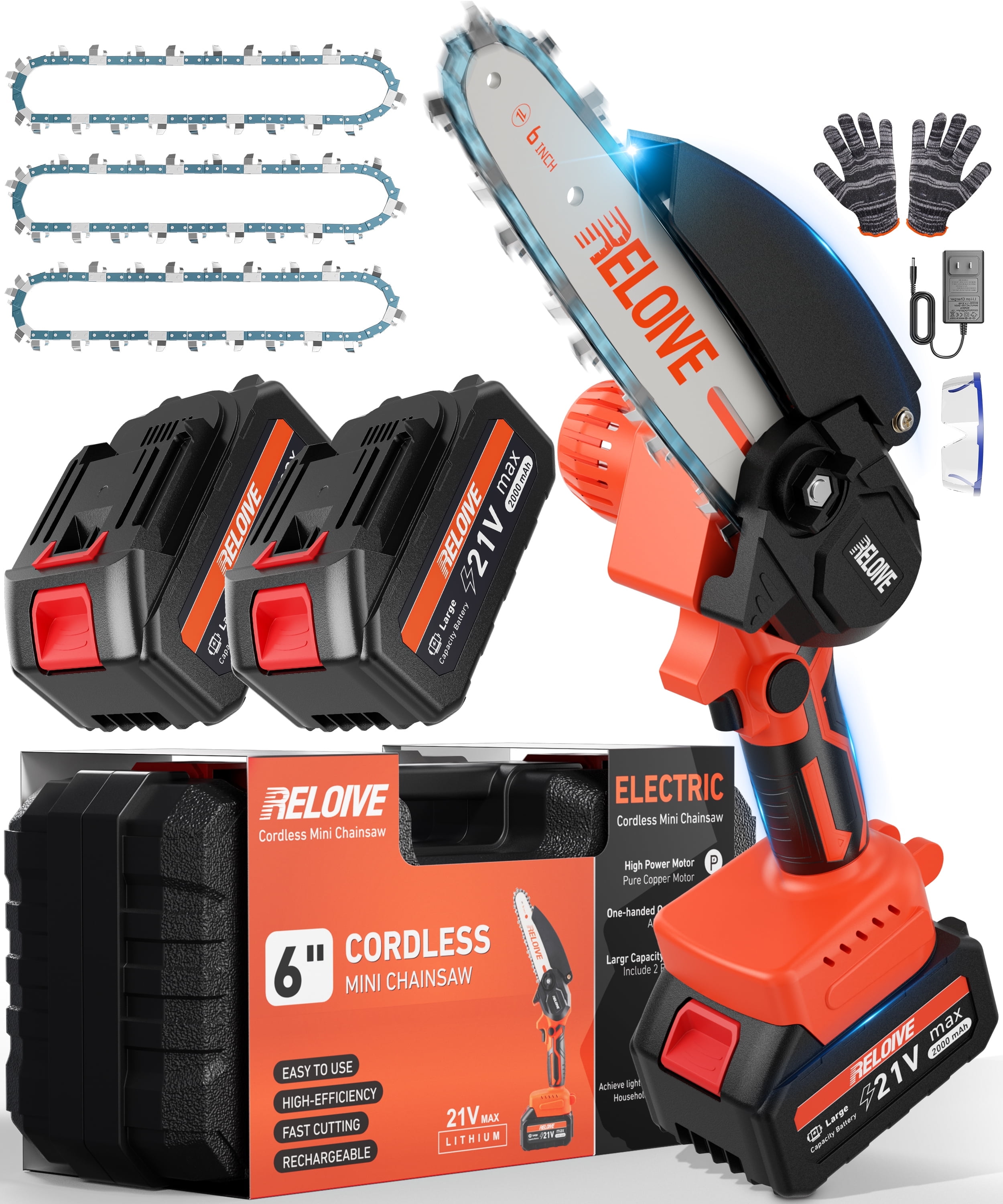 RELOIVE 6 in Mini Chainsaw with 2PCS 2.0 Ah Batteries 3 Chains,Cordless Small Handheld Chain Saw for Wood Cutting Tree Trimming