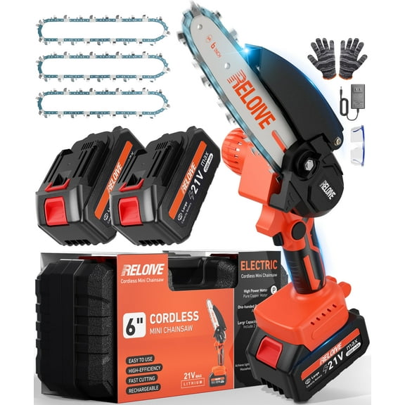 RELOIVE 6 in Mini Chainsaw with 2PCS 2.0 Ah Batteries 3 Chains,Cordless Small Handheld Chain Saw for Wood Cutting Tree Trimming