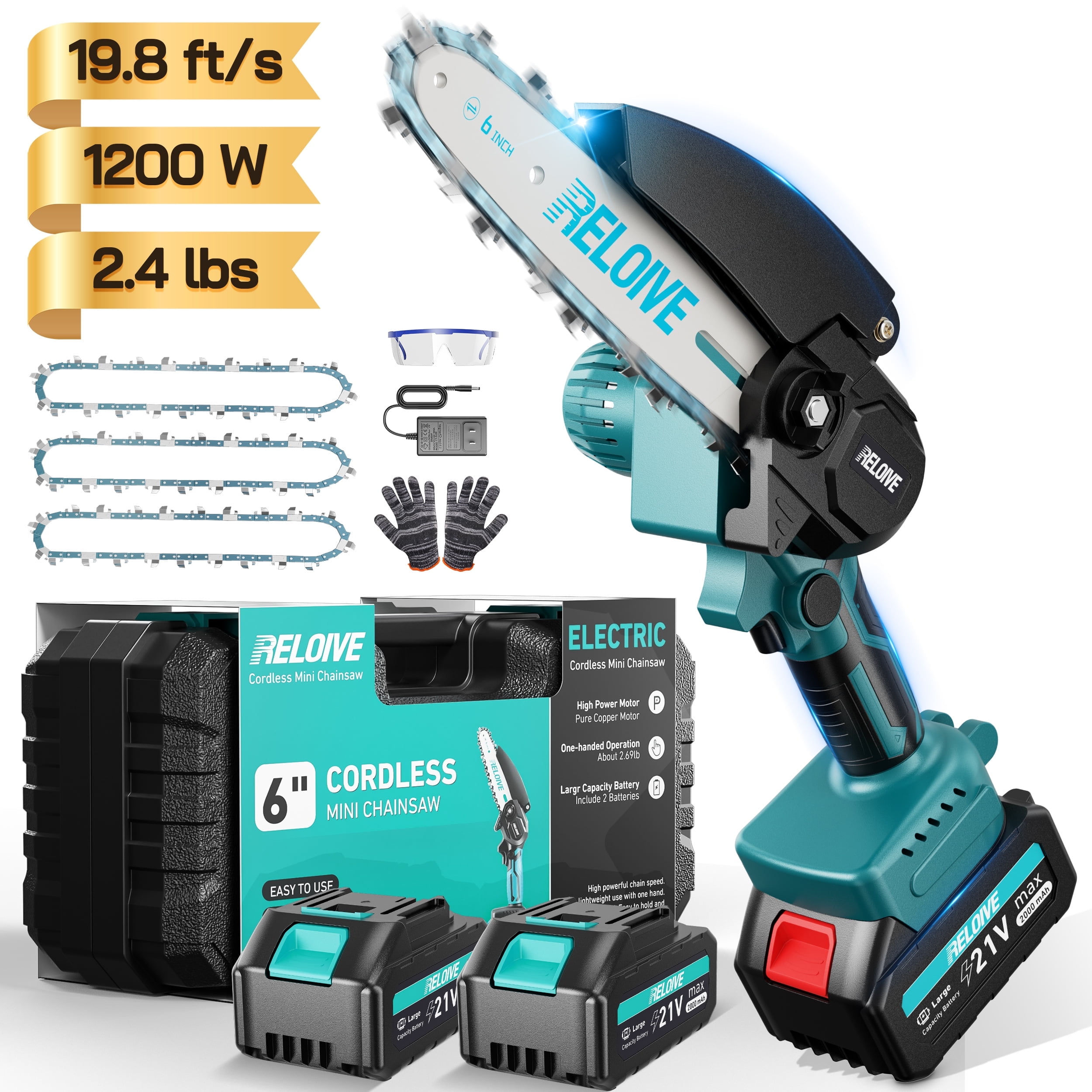 RELOIVE 6 in Mini Chainsaw with 2PCS 2.0 Ah Batteries 3 Chains,Cordless Small Handheld Chain Saw for Wood Cutting Tree Trimming