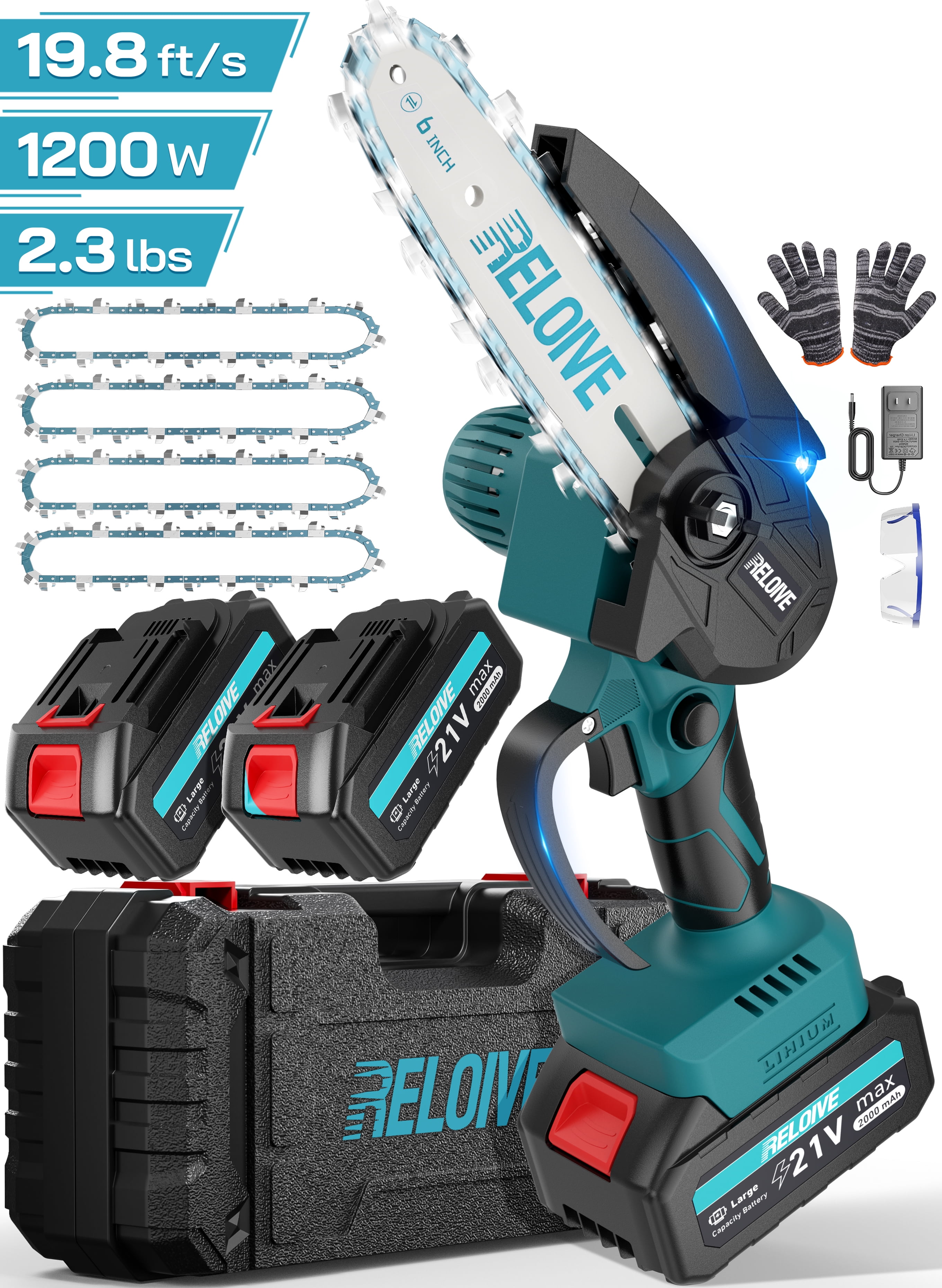 RELOIVE 6" Mini Chainsaw, Cordless Chain Saw with 2PCS 21V 2000mAh Batteries&4 Chains,Electric Chainsaw Small Handheld Power Chain Saw for Wood Cutting Tree Trimming Pruning