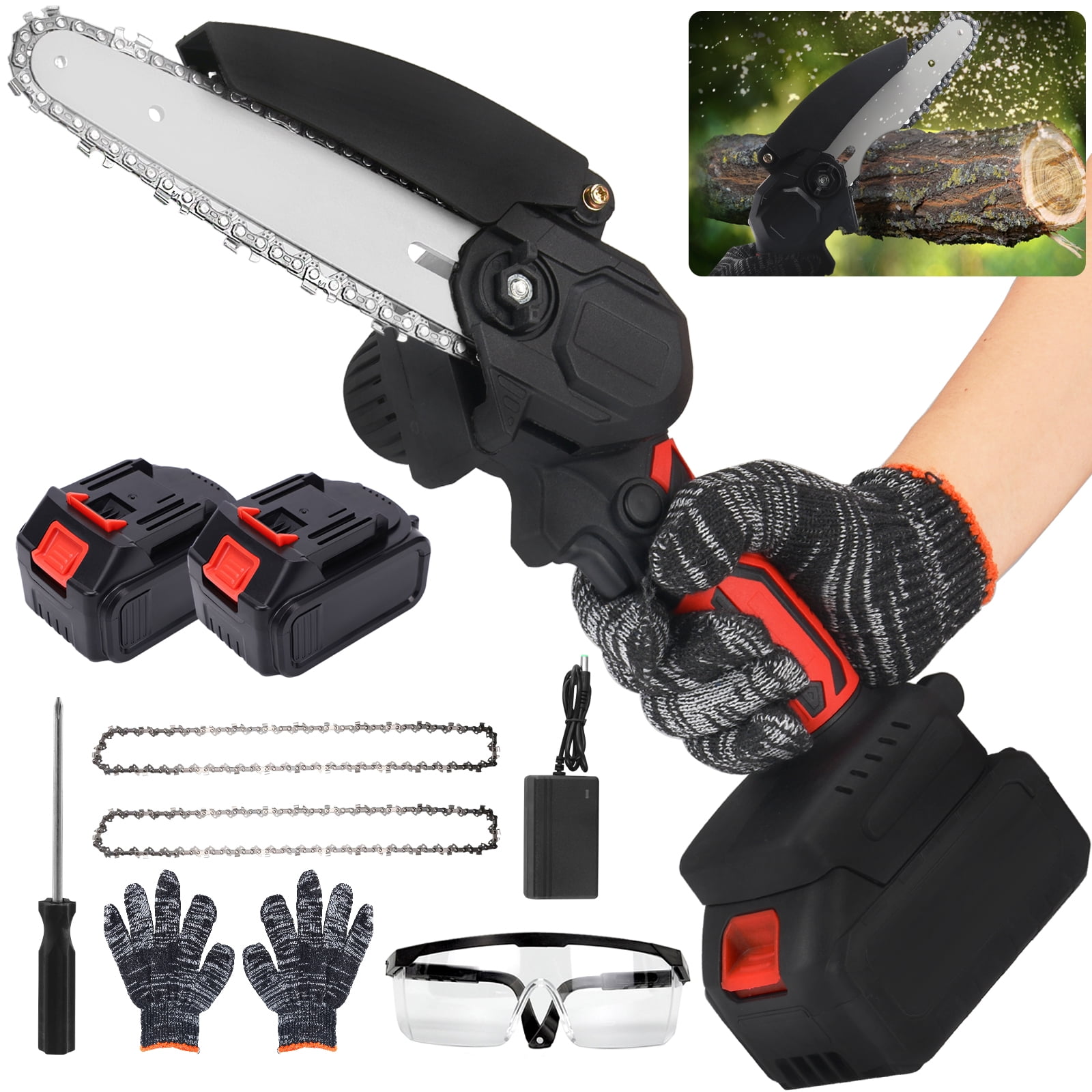 RELOIVE 6 inch Mini Cordless Chainsaw with 2x1500mAh Batteries 2 Chains