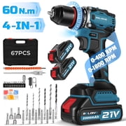 RELOIVE 21V Cordless Drill,Electric Power Drill Set with 2 2.0Ah Battery&Charger,3/8" Keyless Chuck,2-Speed,60N.m Torque,67pcs Drill/Driver Bits