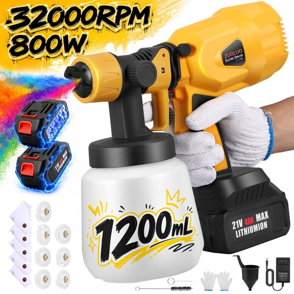 RELOIVE 800W Cordless Paint Sprayer, 1200ml HVLP Electric with 2×4.0Ah, 7 Nozzles 3 Patterns, Indoor/Outdoor, Yellow