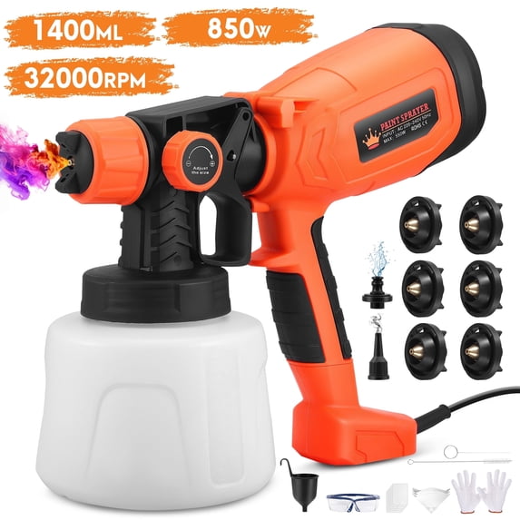 RELOIVE 850W Paint Sprayer, Electric HVLP Spray Gun, 1400ml 32K RPM, 6 Nozzles 3 Patterns, Indoor/Outdoor, Orange