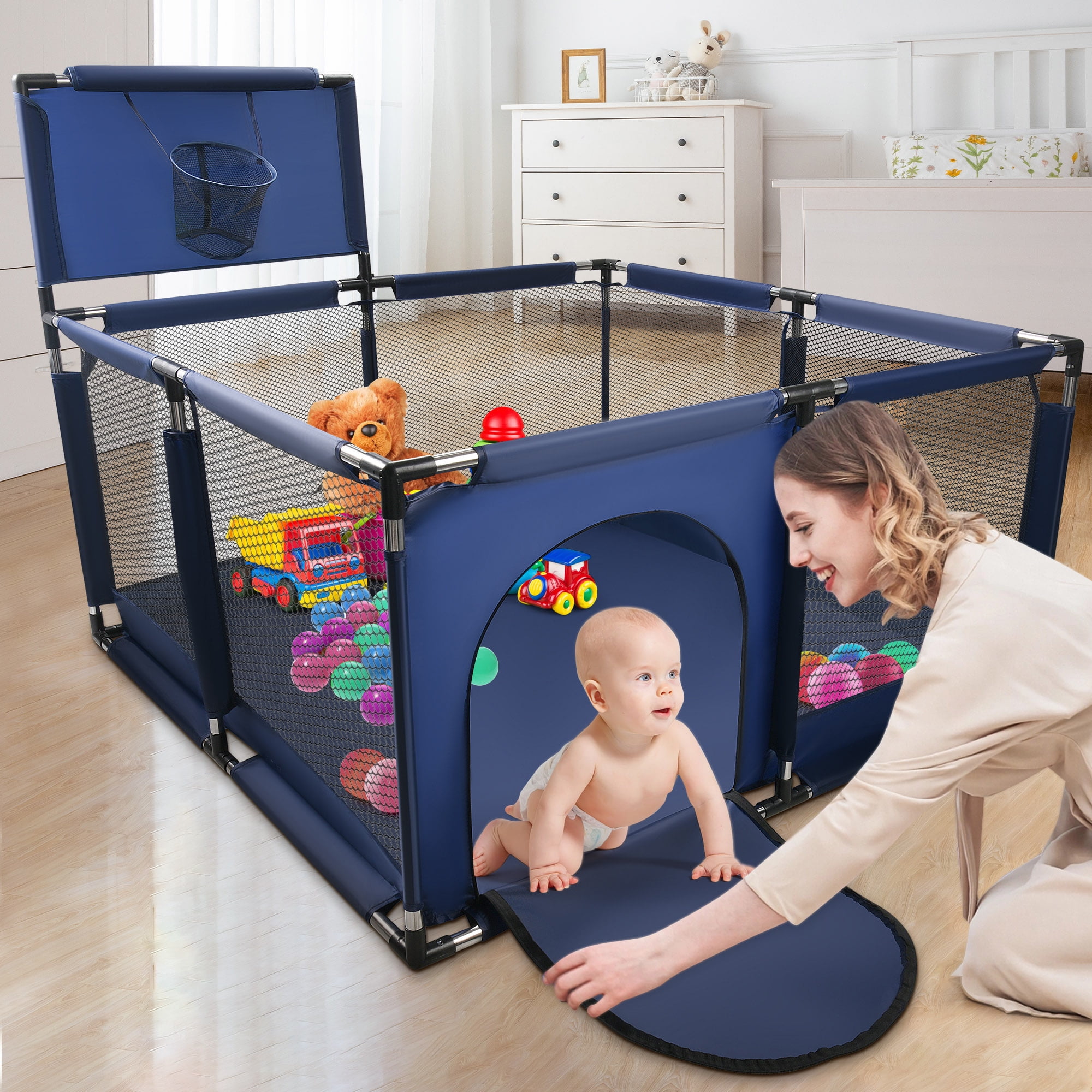 RELOIVE Baby Playpen,50 inch Baby Playard with Basketball Hoop,Baby Fence Infant Play Yard for ...