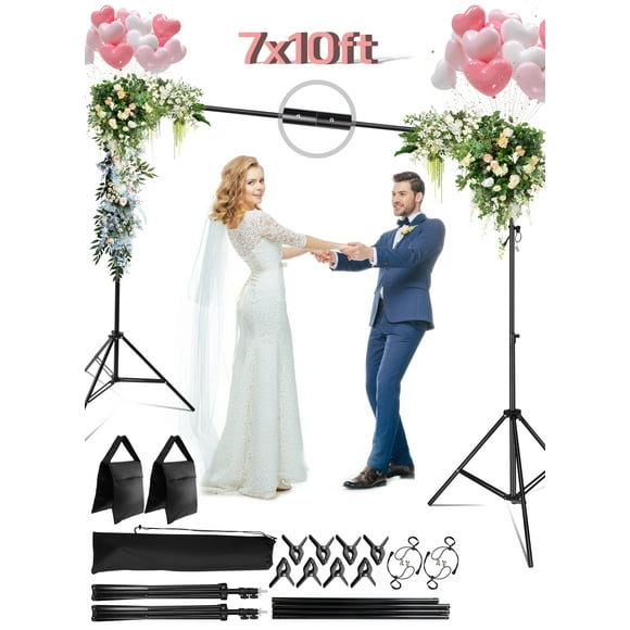 RELOIVE Backdrop Stand, 7ft Height x 10ft Wide Adjustable Photo Backdrop Stand Kit with Carry Bag, 8pcs Clamps, 2pcs Sandbags and 4pcs Elastic String Clips