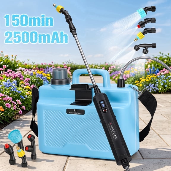 Doulami Battery Powered Sprayer, 2 Gallon Electric Garden Sprayer with 2.5Ah Battery, 4 Nozzles, 3 Adjustable Spray Modes, Water Pump Sprayers with Adjustable Shoulder Strap for Yard, Lawn and Garden