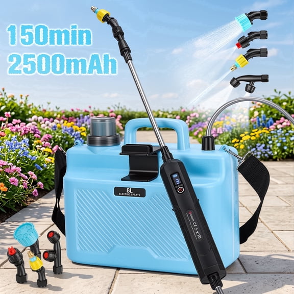 RELOIVE Battery Powered Sprayer, 2 Gallon Electric Garden Sprayer with 2.5Ah Battery, 4 Nozzles, 3 Adjustable Spray Modes, Water Pump Sprayers with Adjustable Shoulder Strap for Yard, Lawn and Garden