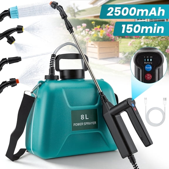 Doulami Battery Powered Sprayer, 2 Gallon Electric Garden Sprayer with 2.5Ah Battery, 4 Nozzles, 3 Adjustable Spray Modes, Water Pump Sprayers with Adjustable Shoulder Strap for Yard, Lawn and Garden