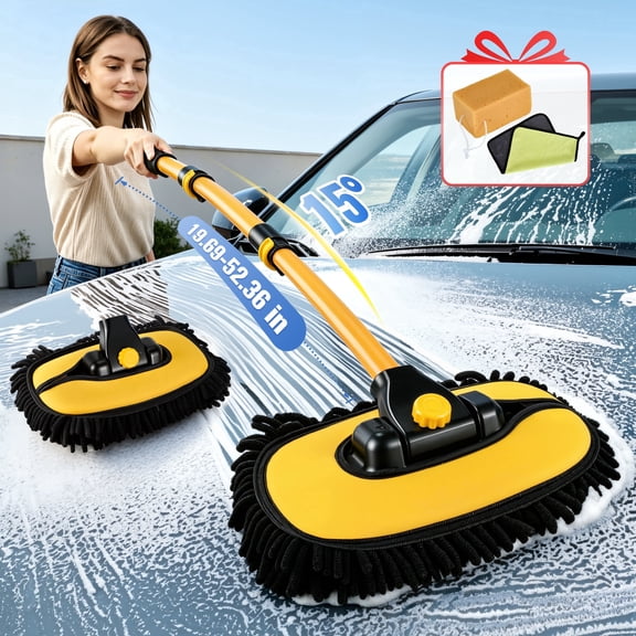 RELOIVE Car Wash Brush with Long Handle - 15 Degree Curved Car Wash Mop with Telescopic Extension Pole, Scratch Free Microfiber Chenille Car Cleaning Kit for Truck SUV RV