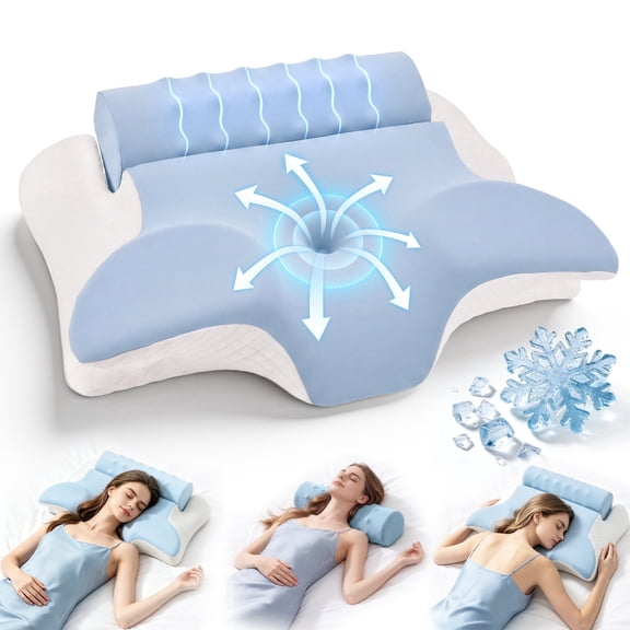 Doulami Cervical Neck Pillow for Neck Pain Relief, 2-in-1 Ergonomic Memory Foam Pillow for Side Back Sleepers, Detachable Roll,Contour Support Pillow with Washable Cooling Pillowcase,Blue