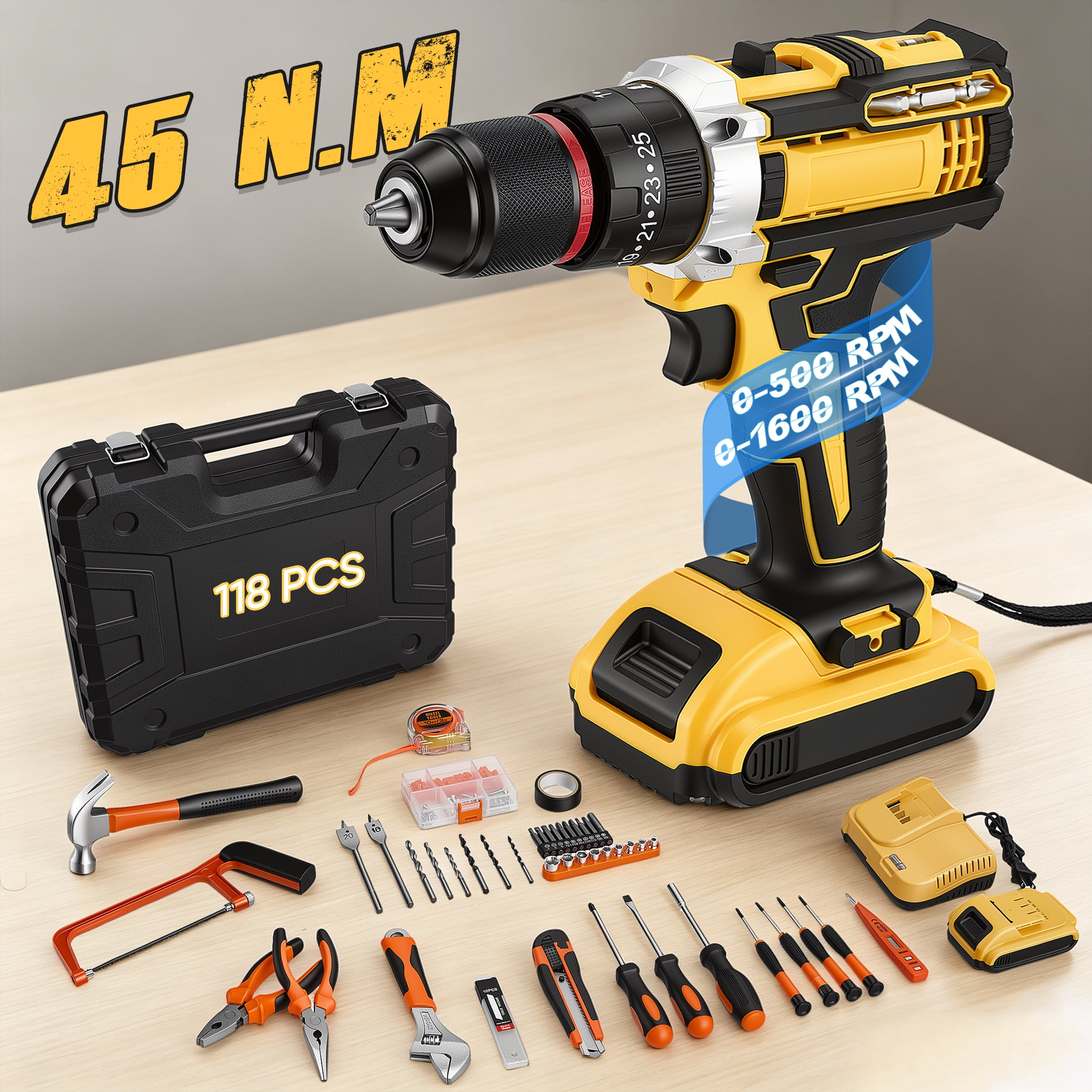 RELOIVE 21V Cordless Drill Set, 118 Piece Household Tool Kit with Drill and 2 Batteries, Mechanic Toolbox for Home DIY Repair