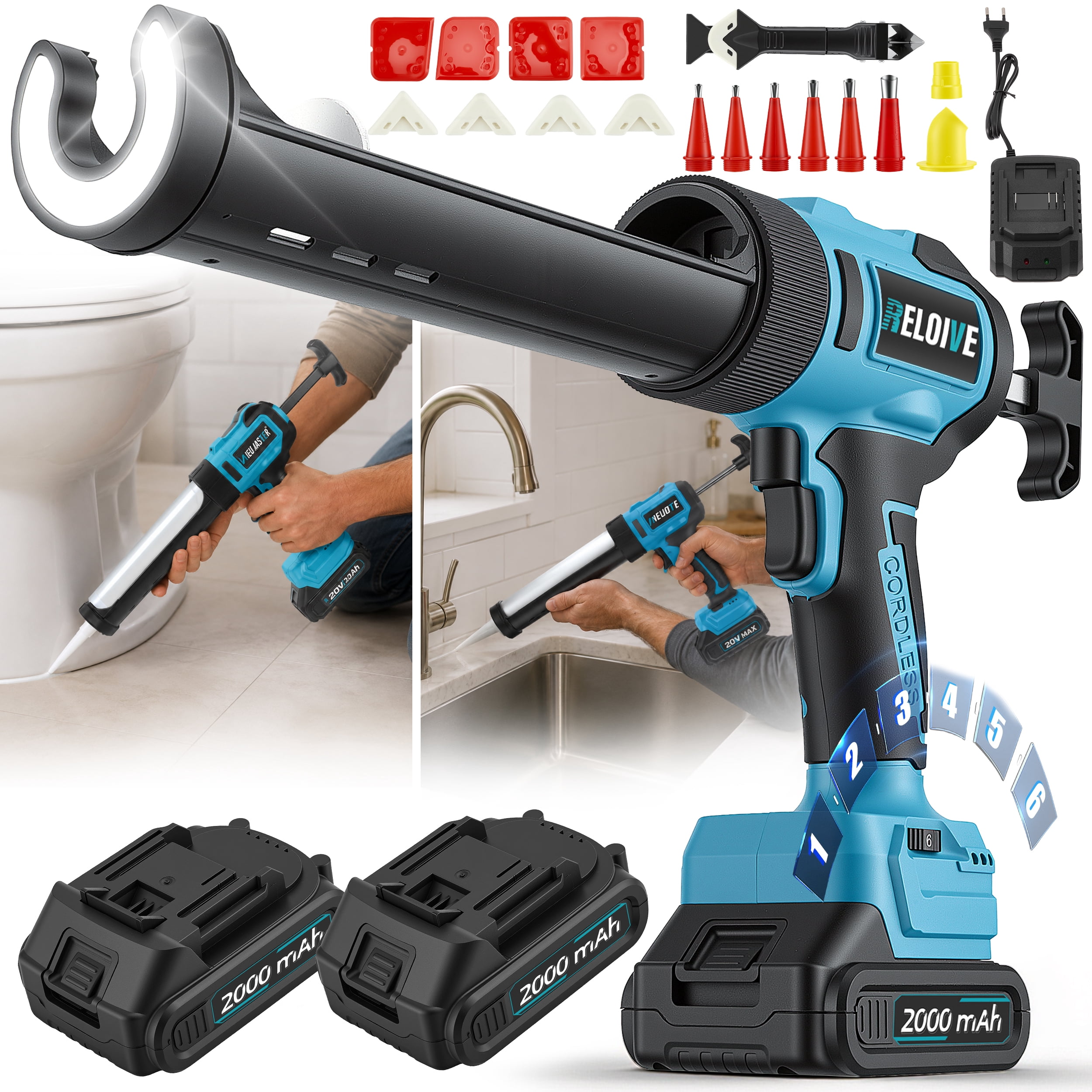 RELOIVE Cordless Caulking Gun,Electric Caulk Gun with 2x 2.0Ah Batteries, 6-Speed, LED Light, 17Pcs Caulk Remover Tool,Antidrip Auto Retract for Filling,Sealing,Blue