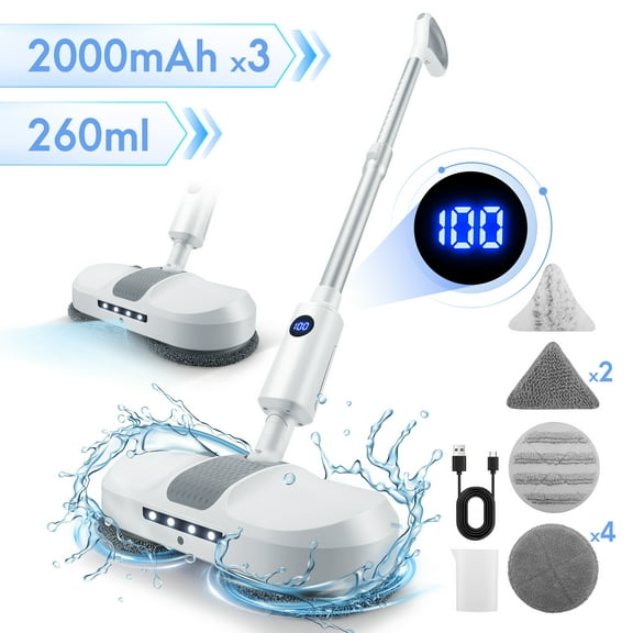 RELOIVE Cordless Electric Mop for Floor Cleaning, Dual Spin Mop with LED Headlight /Water Spray/Self-Propelled,Clean up to 2700 ft,Rechargeable Floor Scrubber for Multi-Surface