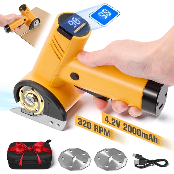 RELOIVE Cordless Electric Scissors,4.2V 25W Cardboard Cutter Tool,Upgrade Rotary Electric Box Cutter with 2 Blades,4-Speed,LED Light,2.0Ah Battery for Fabric, Cardboard, Leather, Carpe,Yellow