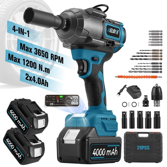 RELOIVE Cordless Impact Wrench Kit,885 FT-lbs(1200N.m) Max Torque,1/2" Heavy-Duty Brushless Motor,4-IN-1 Electric Impact Driver,2 x 4.0Ah Batteries for Car Home Repair