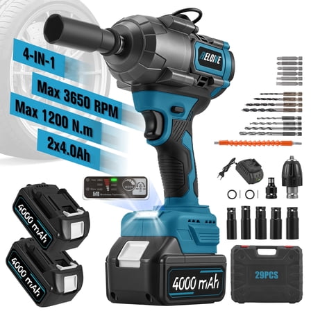 RELOIVE Cordless Impact Wrench Kit,885 FT-lbs(1200N.m) Max Torque,1/2" Heavy-Duty Brushless Motor,4-IN-1 Electric Impact Driver,2 x 4.0Ah Batteries for Car Home Repair