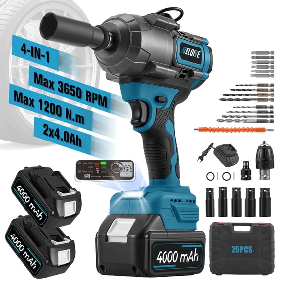 RELOIVE Cordless Impact Wrench Kit,885 FT-lbs(1200N.m) Max Torque,1/2" Heavy-Duty Brushless Motor,4-IN-1 Electric Impact Driver,2 x 4.0Ah Batteries for Car Home Repair