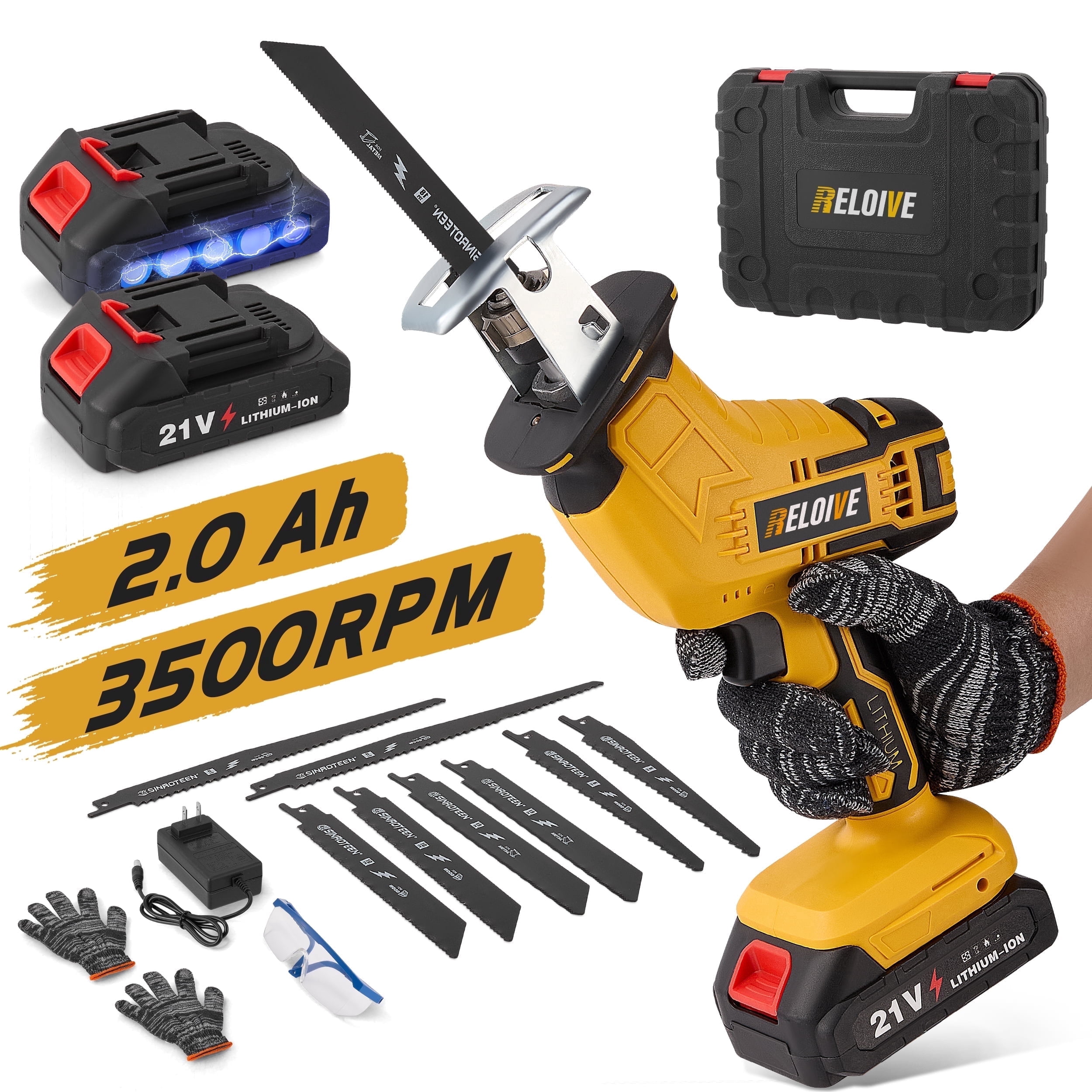 RELOIVE Cordless Reciprocating Saw with 2 x 2.0Ah Battery, 3500RPM, Tool-Free Blade Change, LED Light, 8 Blades & Safety Goggles,Ideal for Wood, Metal, PVC & Pruning