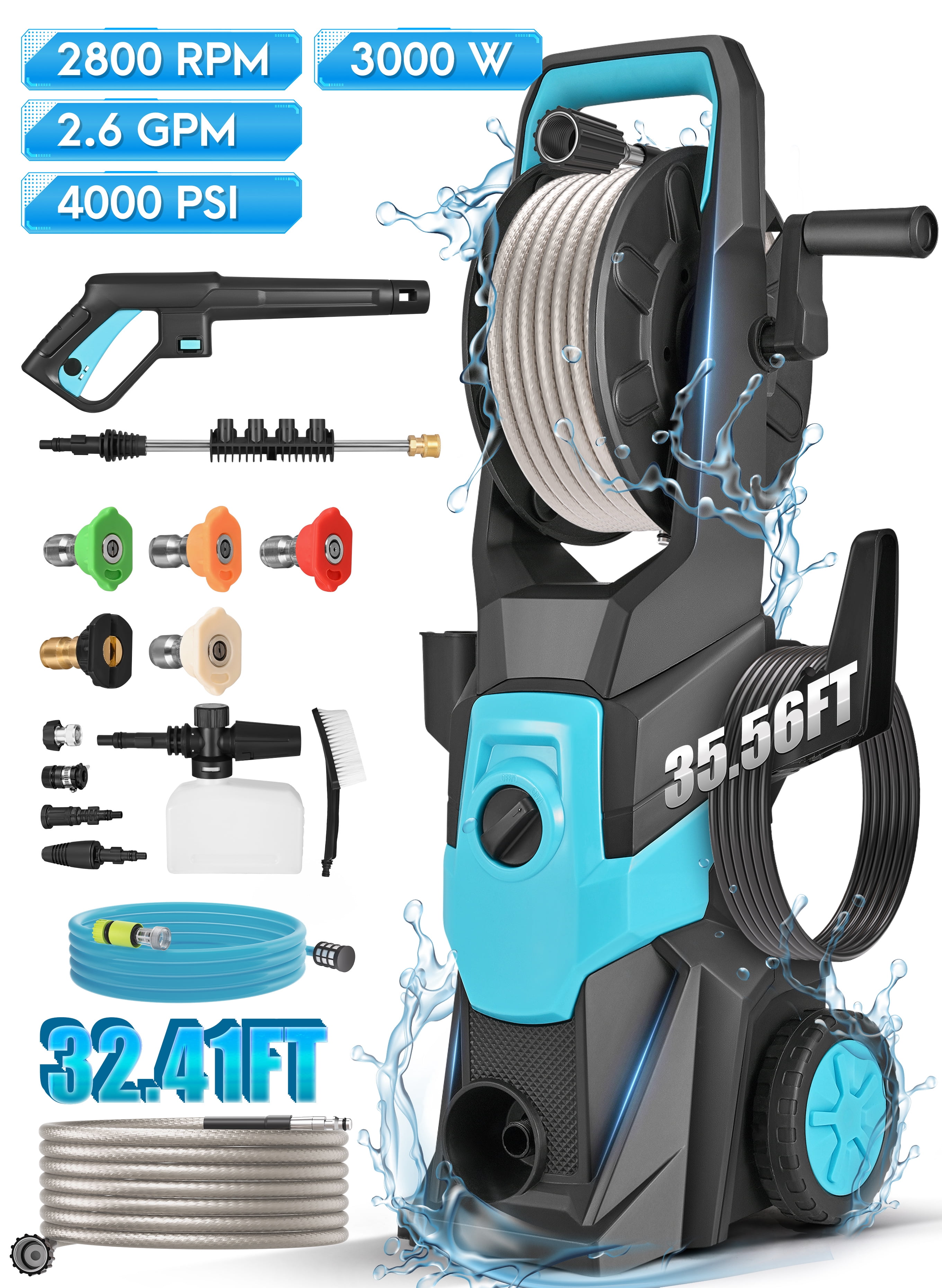 RELOIVE Electric Pressure Washer, 3000W Motor, 4000PSI Pressure, 2.6GPM Max Flow, 6 Multiple Nozzles and a Car Brush, A Foam Cannon, 35.56FT Water Hose Length & 32.41FT Power Cord Length
