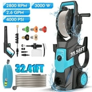 RELOIVE Electric Pressure Washer, 3000W Motor, 4000PSI Pressure, 2.6GPM Max Flow, 6 Multiple Nozzles and a Car Brush, A Foam Cannon, 35.56FT Water Hose Length & 32.41FT Power Cord Length