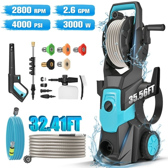RELOIVE Electric Pressure Washer, 3000W Motor, 4000PSI Pressure, 2.6GPM Max Flow, 6 Multiple Nozzles and a Car Brush, A Foam Cannon, 35.56FT Water Hose Length & 32.41FT Power Cord Length
