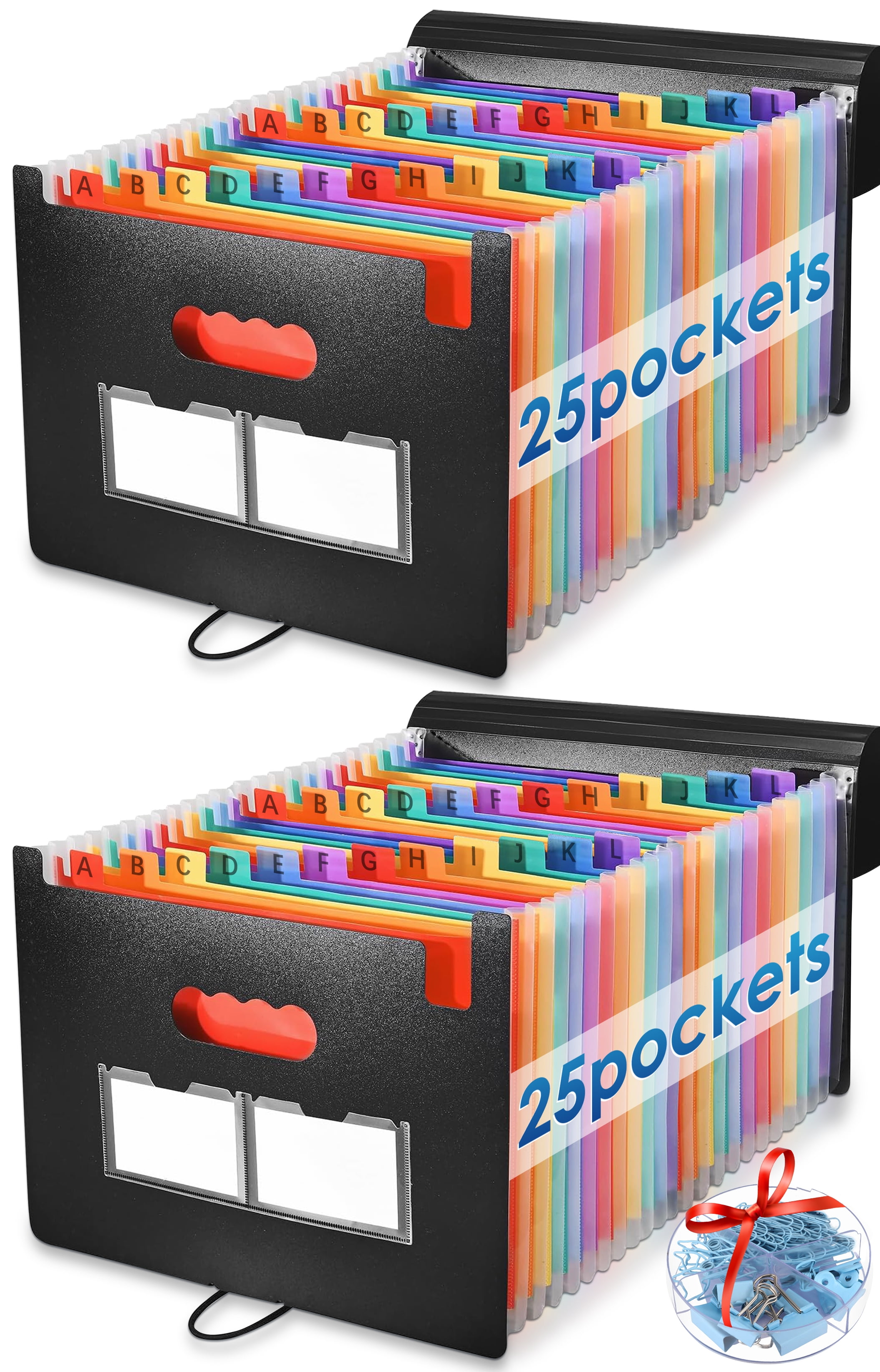 RELOIVE 2 Pack 25 Pockets Accordion File Organizer with 94 Pcs Paper Clips Binder Clips,Expanding File Folder with Cover, Plastic A4 Letter Size File Box for Office & School,Home