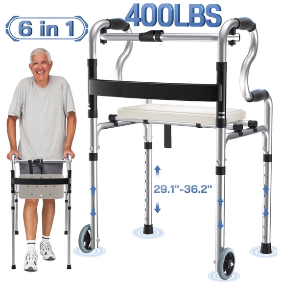 RELOIVE 3-in-1 Folding Rolling Walker with 5" Wheels | Adjustable Height (29.1"-36.2") for Seniors & Adults | Lightweight Foldable Walker | Supports up to 400 lbs