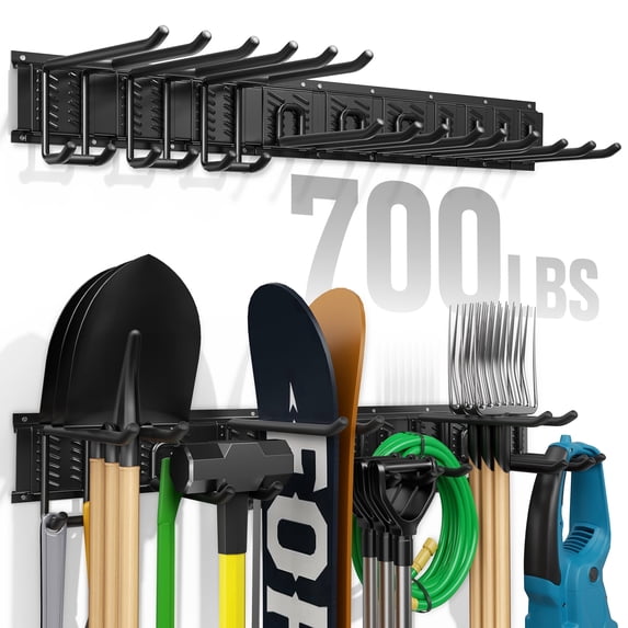 AMTPM Garage Tool Organizer, Heavy-Duty Steel Wall Mount Garden Tool Organizer, Garage Organization and Storage Rails with 10 Adjustable Hooks
