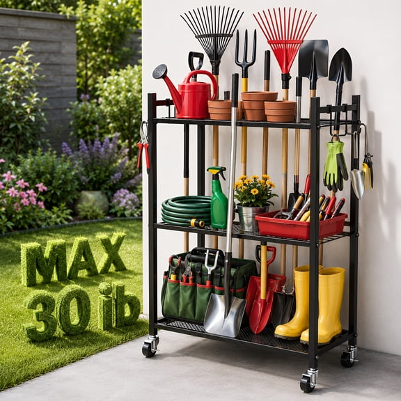 RELOIVE Garden Tool Organizer With Wheels, Yard Tower Rack for Garage Storage, Up to 35 Long-Handled Tools, Sturdy Metal Steel Holder With 3 Hooks, Outdoor, Black