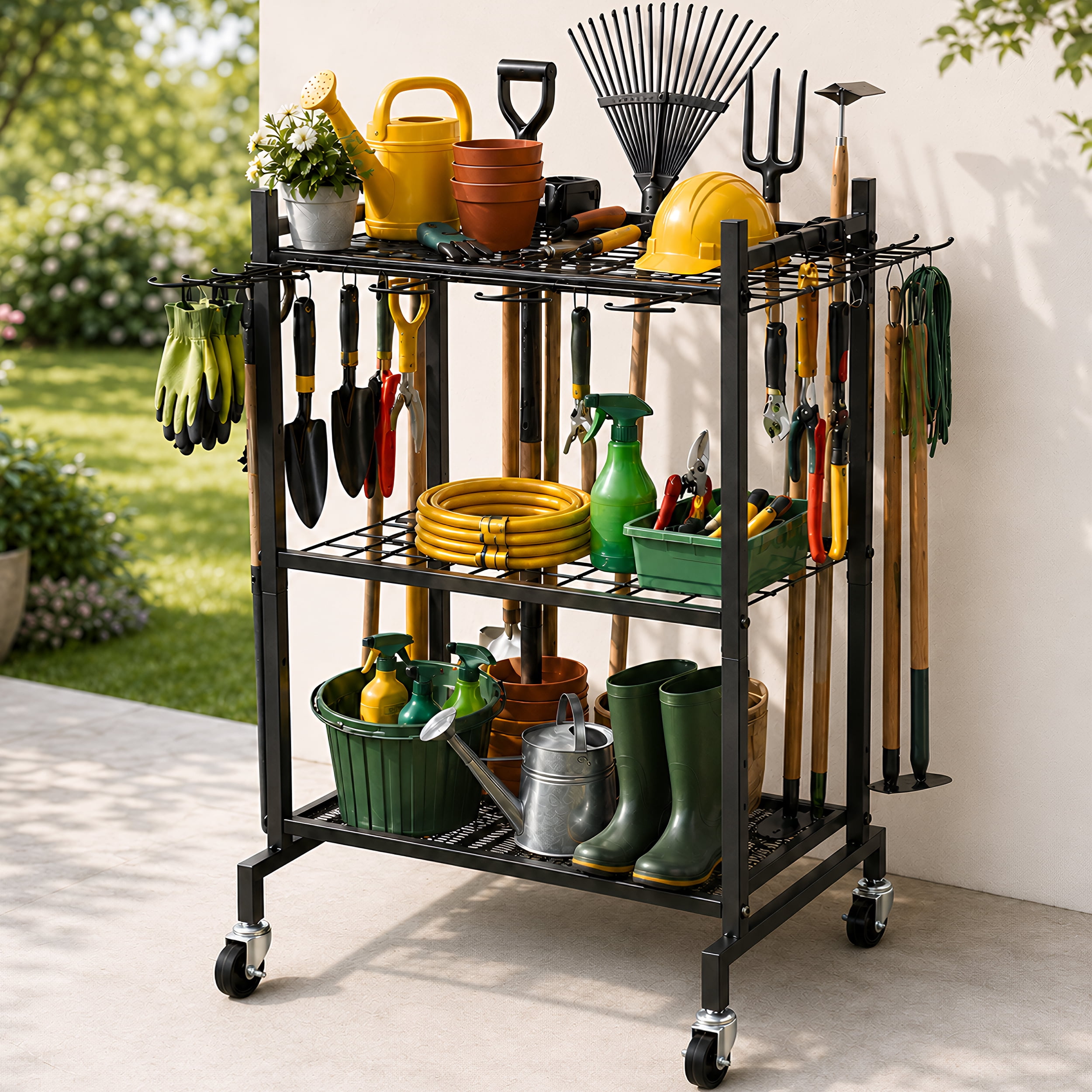 RELOIVE Garden Tool Organizer with Wheels, Metal Yard Tool Rack with Hooks for Garage Storage,Heavy-Duty Storage Holder for Yard Backyard