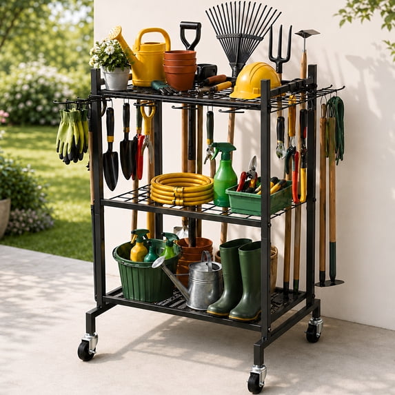 RELOIVE Garden Tool Organizer with Wheels, Metal Yard Tool Rack with Hooks for Garage Storage,Heavy-Duty Storage Holder for Yard Backyard
