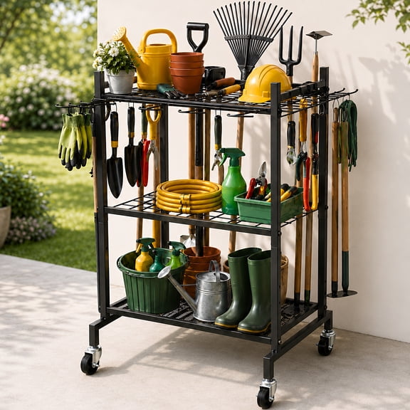 RELOIVE Garden Tool Organizer with Wheels, Metal Yard Tool Rack with Hooks for Garage Storage,Heavy-Duty Storage Holder for Yard Backyard