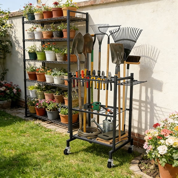 RELOIVE Garden Tool Organizer with Wheels, Metal Yard Tool Rack with Hooks for Garage Storage,Heavy-Duty Storage Holder for Yard Backyard