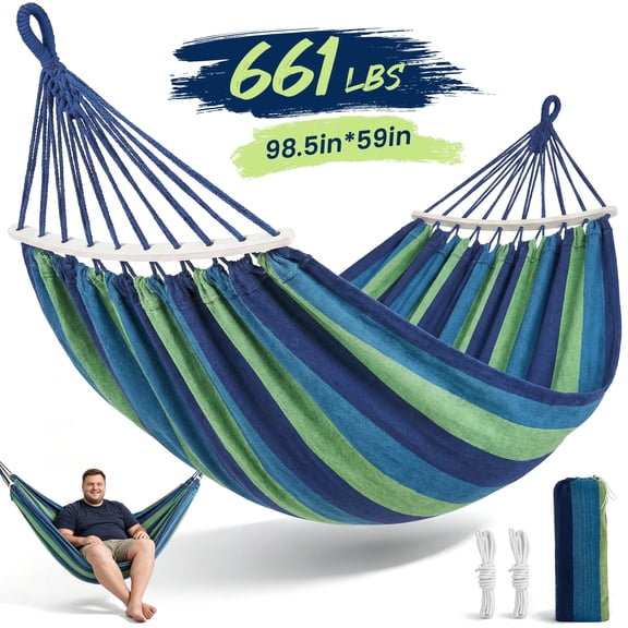 RELOIVE Camping Hammock - 2 Person Double Outdoor Hammock with Curved Wood Spreader Bar, 661 lbs Heavy Duty Portable Canvas Hammock with Ropes & Carrying Bag for Backyard Patio Garden Beach