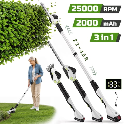 Doulami 3-in-1 Cordless Hedge Trimmer, 5.91FT Extendable Pole Reach Up to 12FT, 5.58LBS Lightweight Gardening Tool with 2*2000mAh Batteries & Shoulder Strap