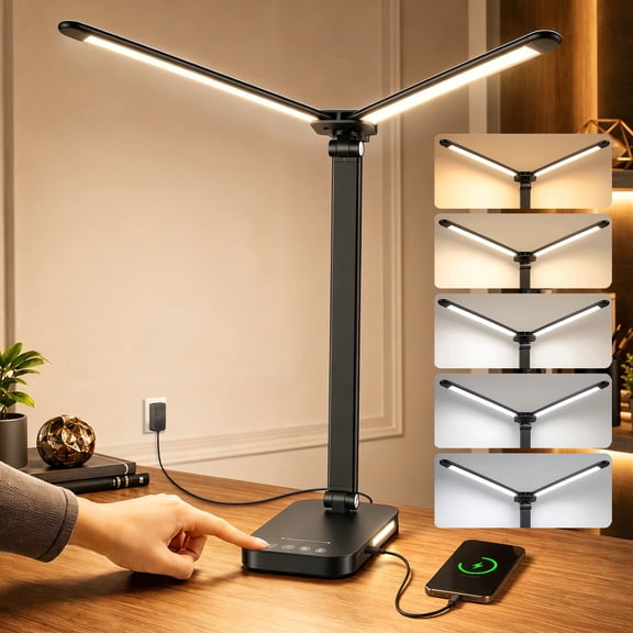 Doulami LED Desk Lamp, 24W 3000Lumen Dual Head Light with 5 Color Modes, Stepless Dimming, USB Charging, Foldable Eye-Caring Lamp for Home Office