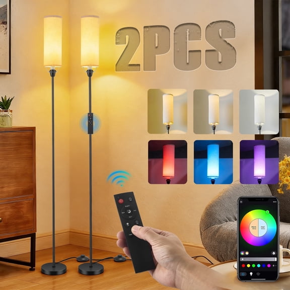 RELOIVE LED Floor Lamp,2 Pack 68.1” Dimmable Standing Tall Lamp with APP Control & RGB Colors,9W 800LM LED Bulb Included,for Bedroom, Office, Kids & Living Room