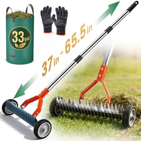 RELOIVE Thatching Rake, Wheeled Lawn Dethatcher with Adjustable Handle (37"-65.35") & 0-12 Angle Head, Heavy Duty Dethatching Rake with 33 Gallon Leaf Bag & Gloves for Lawn Care, Soil Loosening