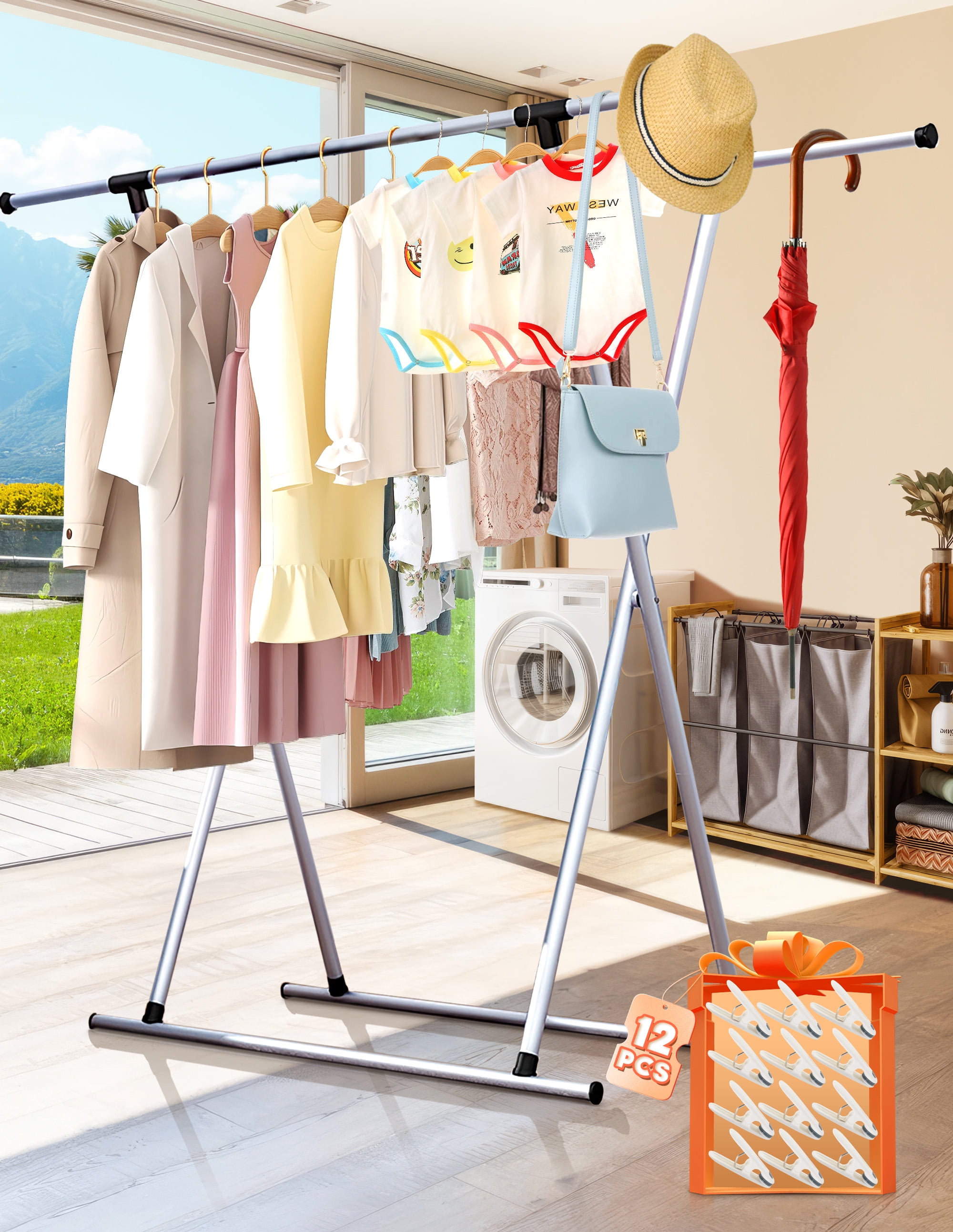 RELOIVE Metal Foldable Clothes Drying Rack with 12 Socks Clips Silver Walmart