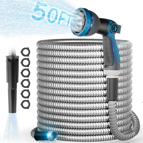 RELOIVE Garden Hose Metal 50ft, Stainless Steel Heavy Duty Water Hose With 10 Function Nozzle, No-Kink, Tough & Flexible, Sturdy and Lightweight, Rust Proof for Yard, Outdoor, RV