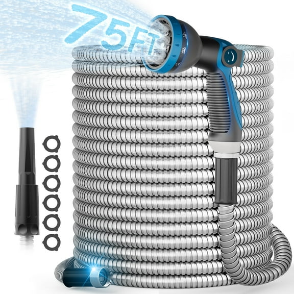 RELOIVE Garden Hose 75 ft, Stainless Steel Water Hose with 10 Function Nozzle Flexible, Heavy Duty, Lightweight, No-Kink, Pet Proof, Puncture Proof Hose Metal for Yard, Outdoor
